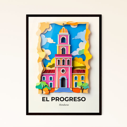 Vivid El Progreso, Honduras - a paper cut of a church with a clock tower