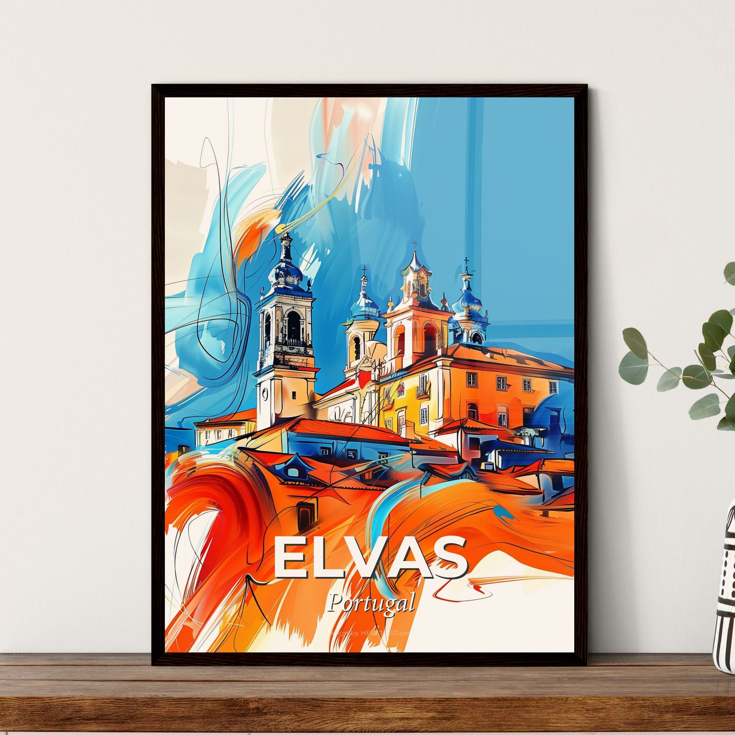 Vibrant Elvas, Portugal - A Painting Of A Building With Towers And A Blue Sky