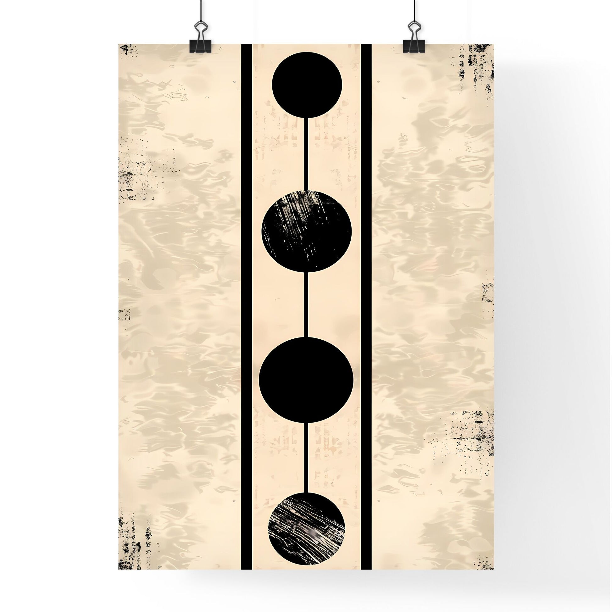 Bauhaus-Inspired Abstract Art: Minimalistic Logo Design of Four Circles and Vertical Line on Parchment Background, Black and Tan, Digital Collage, Stencil, Flat Color Shading, Graphical Bauhaus Style Default Title
