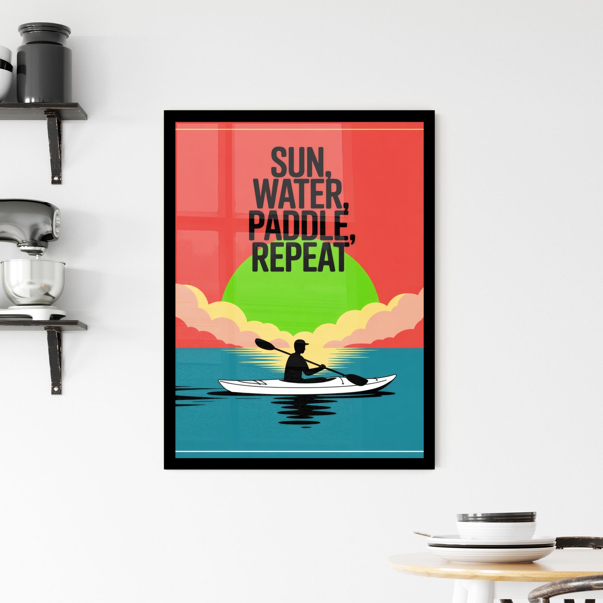 Embrace Adventure: Kayaking Under the Sun, Water, Paddle, and Repeat for Ultimate Relaxation. Framed Print