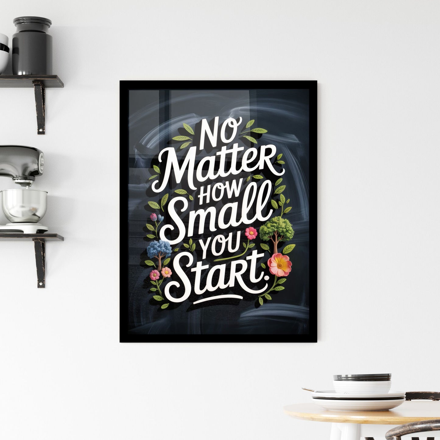 Embrace Small Beginnings: Inspirational Quote with Floral Design on Dark Background for Motivational Themes. Framed Print