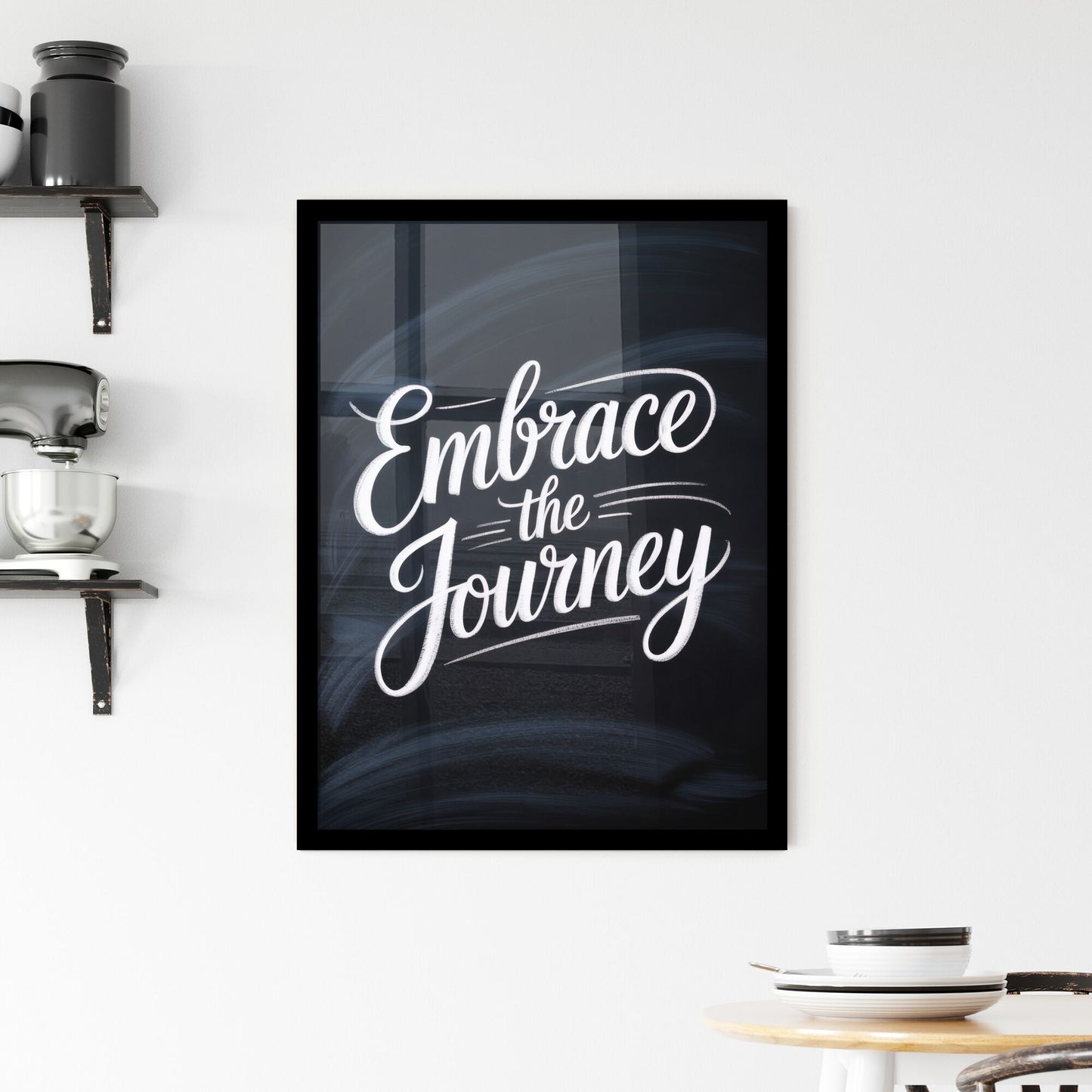 Embrace the Journey: Inspirational Hand-Lettered Typography on a Chalkboard Background for Motivational Themes. Framed Print