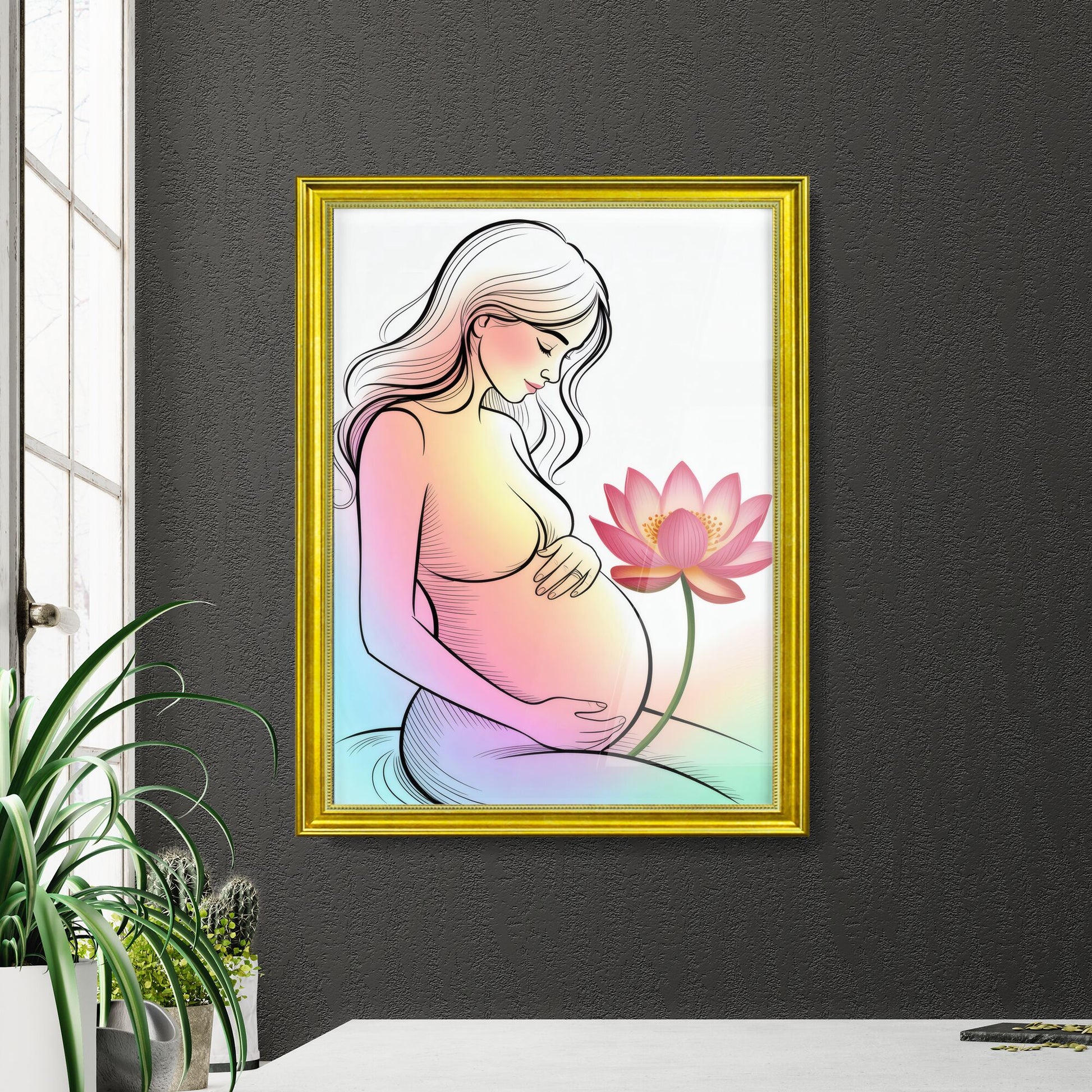 Embracing motherhood: An ethereal illustration of a pregnant woman with a blooming lotus flower.