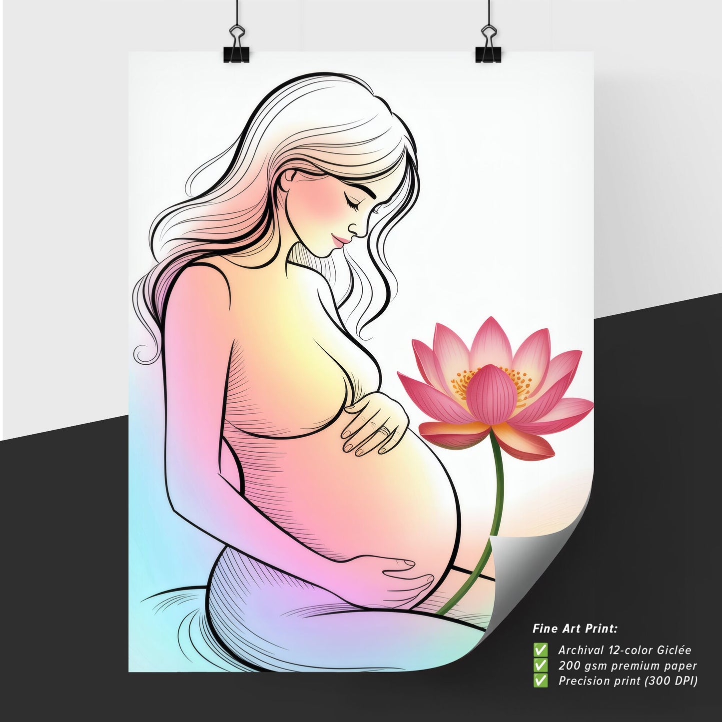 Embracing motherhood: An ethereal illustration of a pregnant woman with a blooming lotus flower.