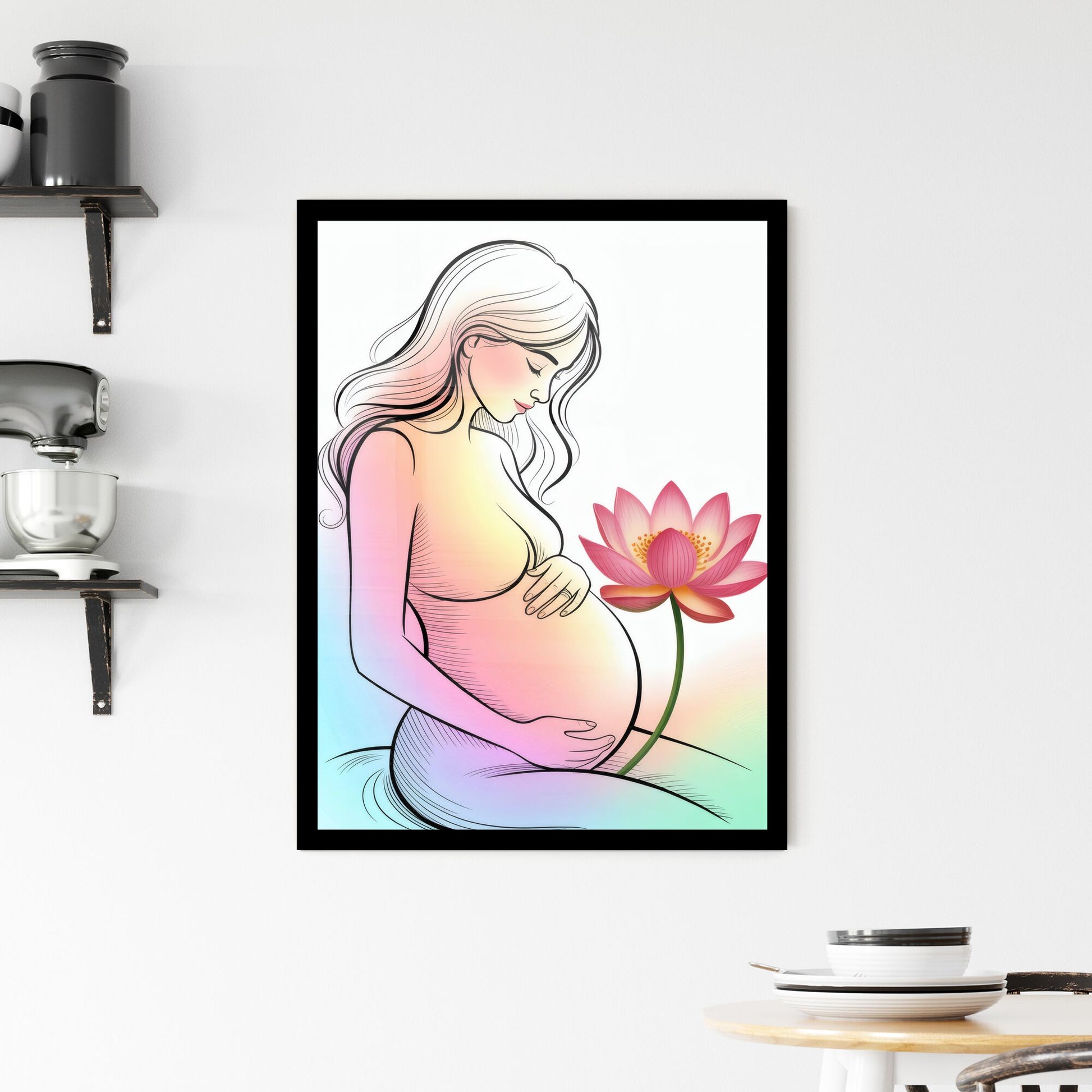Embracing motherhood: An ethereal illustration of a pregnant woman with a blooming lotus flower. Framed Print