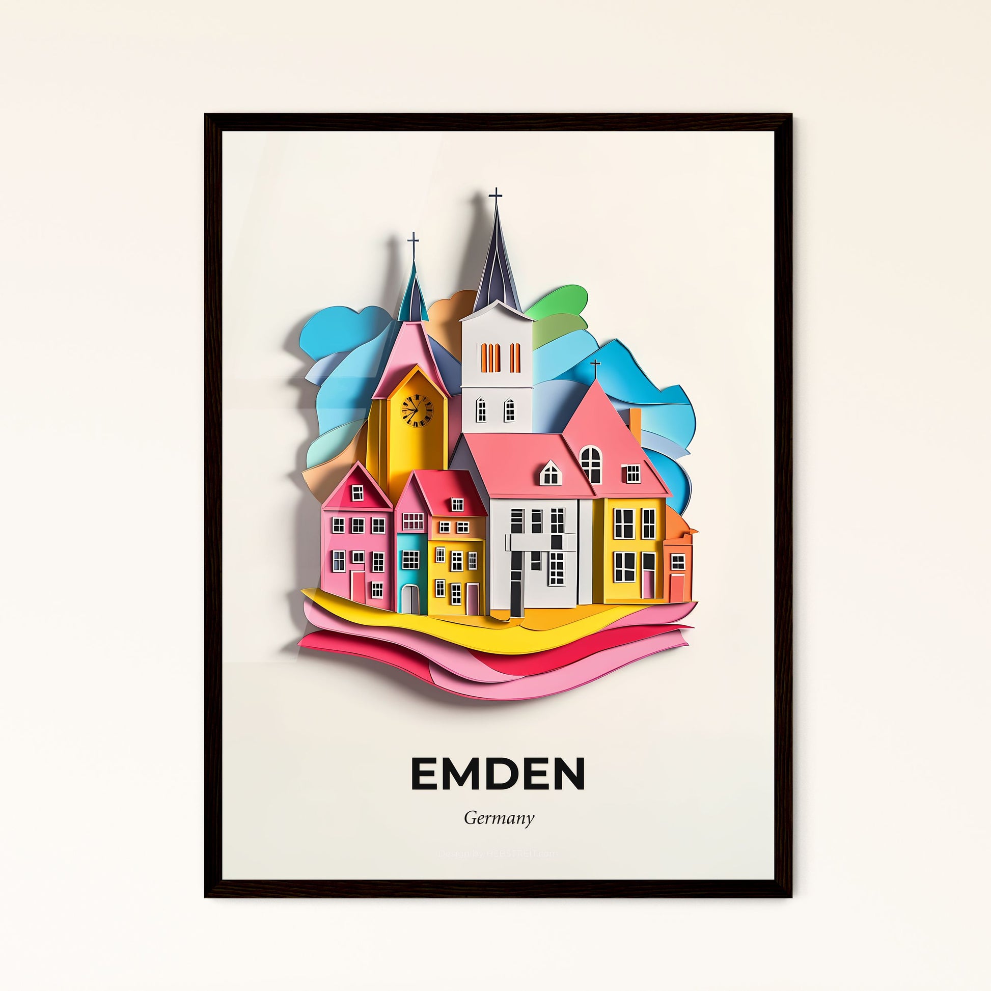 Vivid Emden, Germany - a paper cut of a church and a rainbow colored beach