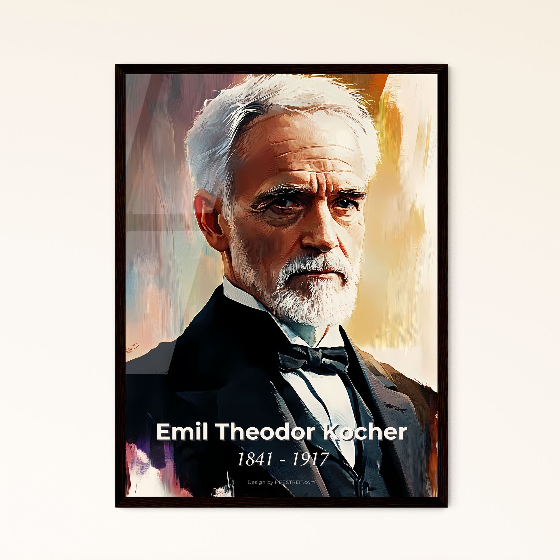 Portrait of Emil Theodor Kocher, 1841 - 1917. Impressionistic painting of a man with white hair and beard in a suit.