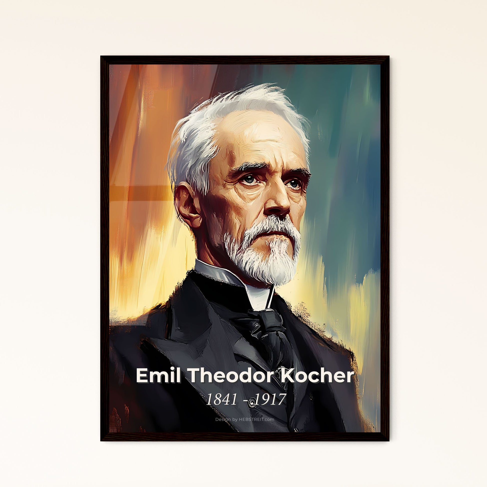 Portrait of Emil Theodor Kocher, 1841 - 1917. Impressionistic painting of a man with a white beard and mustache in a suit.