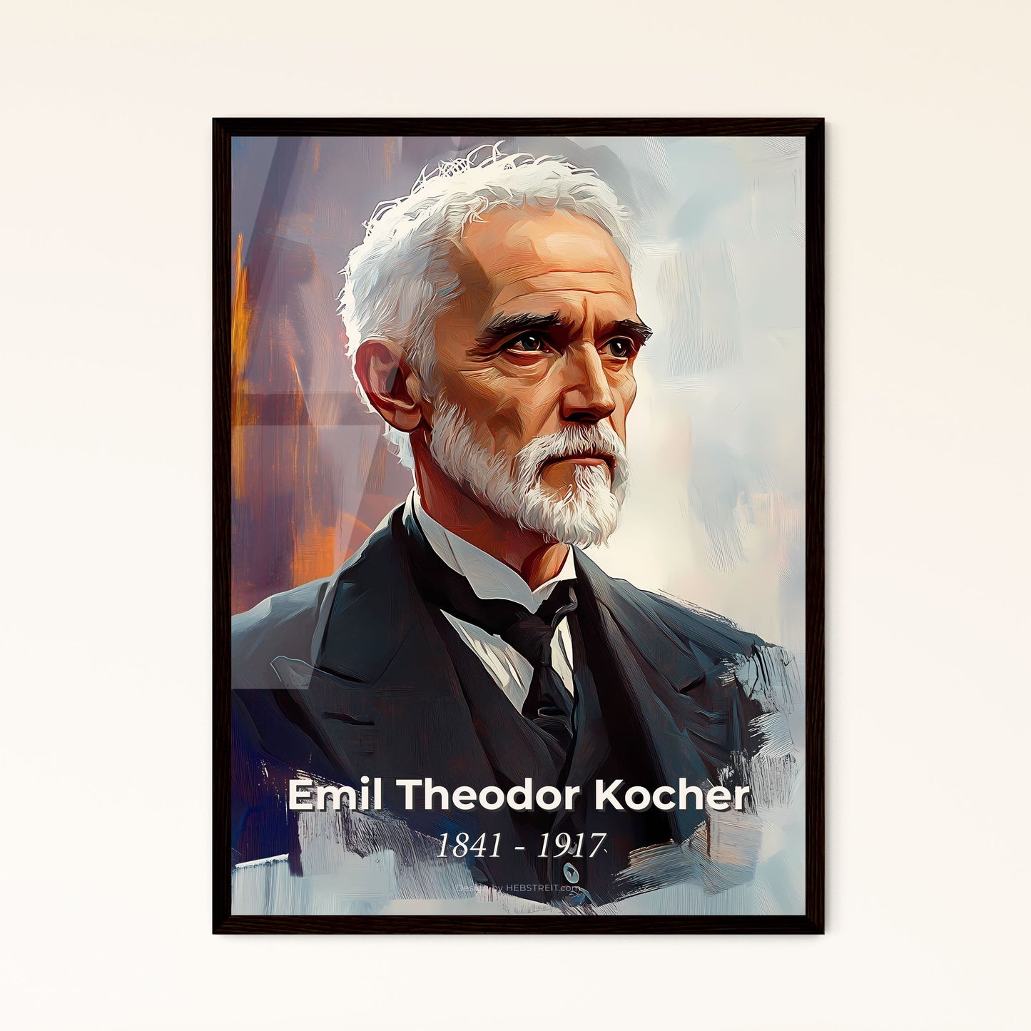 Portrait of Emil Theodor Kocher, 1841 - 1917. Impressionistic painting of a man with white hair and beard.