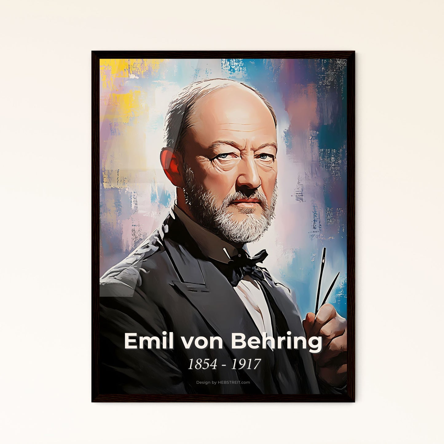 Portrait of Emil von Behring, 1854 - 1917. Impressionistic painting of a man in a suit holding a pair of tweezers.