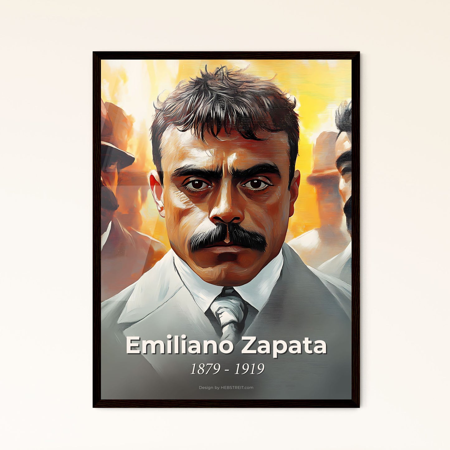 Portrait of Emiliano Zapata, 1879 - 1919. Impressionistic painting of a group of men with mustaches.