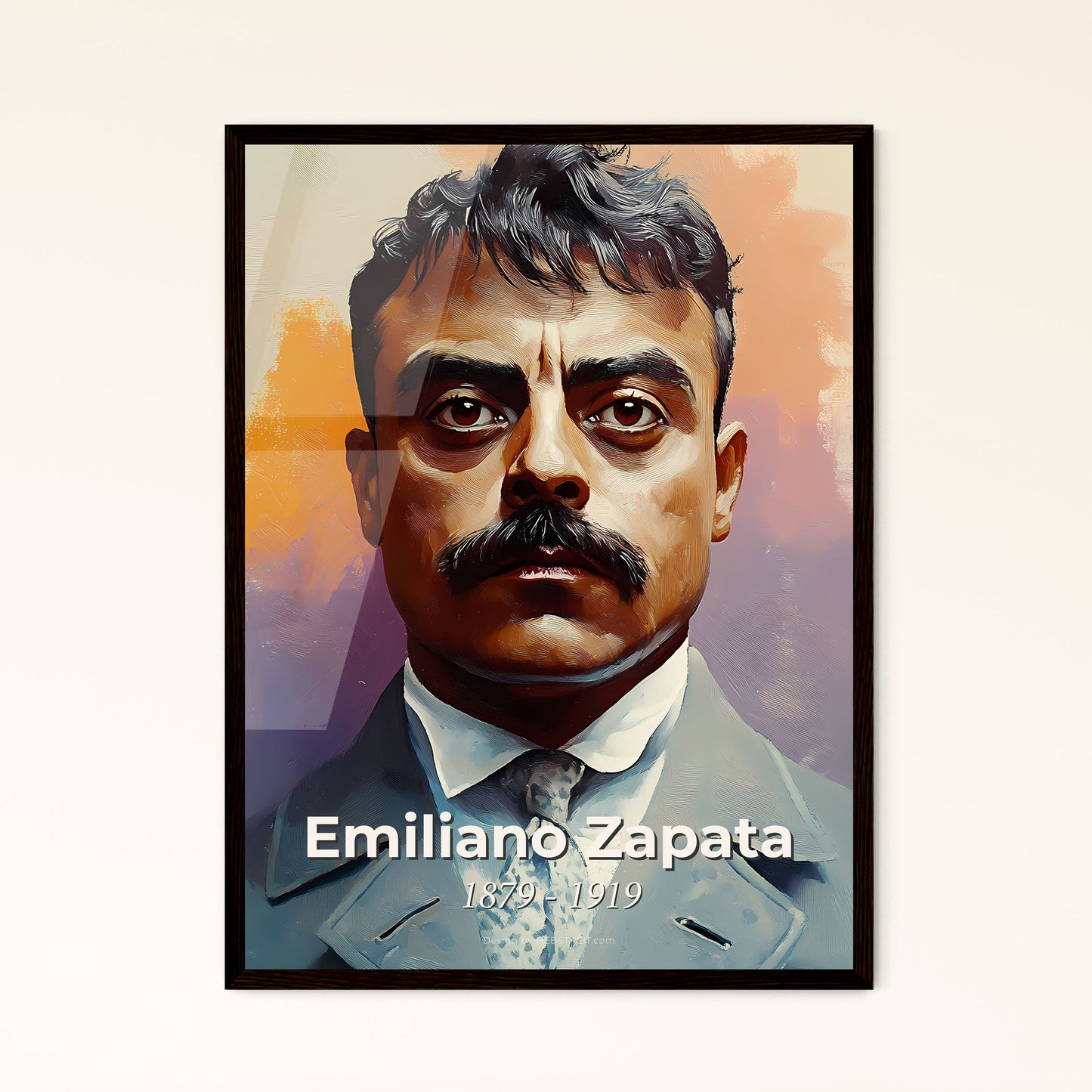 Portrait of Emiliano Zapata, 1879 - 1919. Impressionistic painting of a man with a mustache.