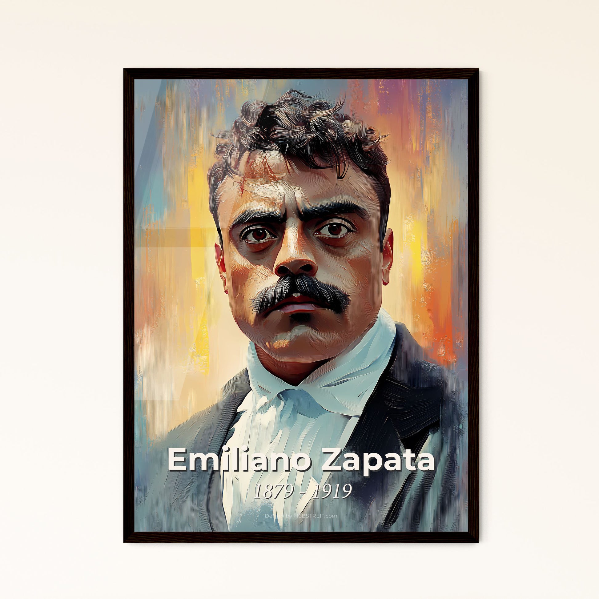 Portrait of Emiliano Zapata, 1879 - 1919. Impressionistic painting of a man with a mustache.