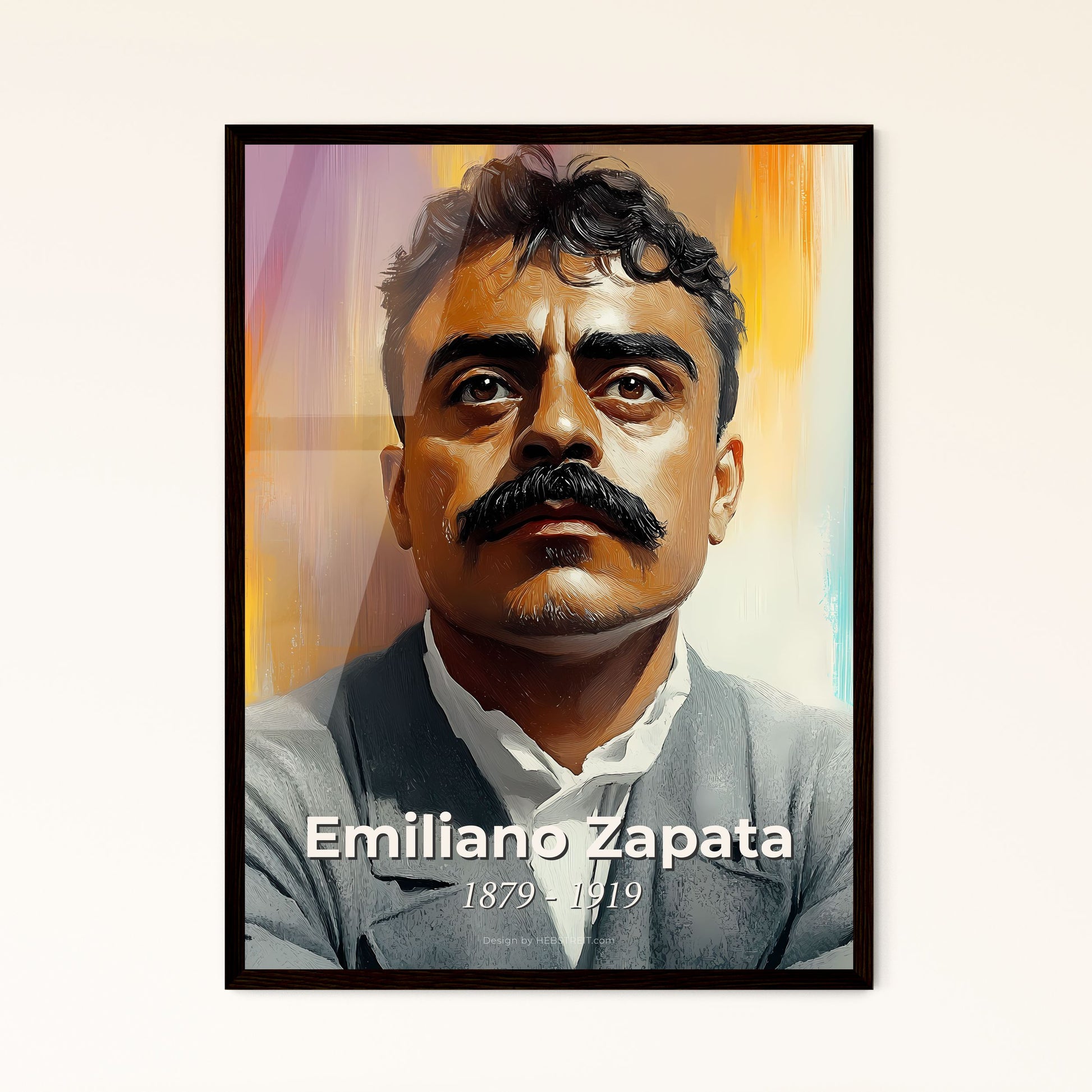 Portrait of Emiliano Zapata, 1879 - 1919. Impressionistic painting of a man with a mustache.