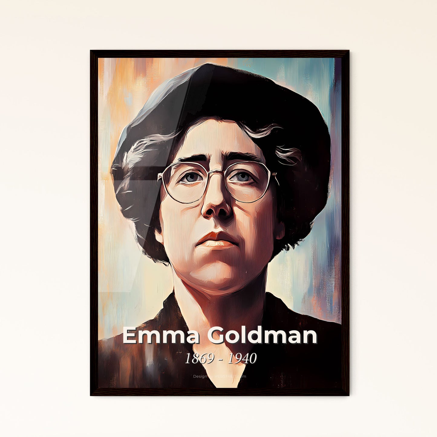 Portrait of Emma Goldman, 1869 - 1940. Impressionistic painting of a woman wearing glasses and a hat.