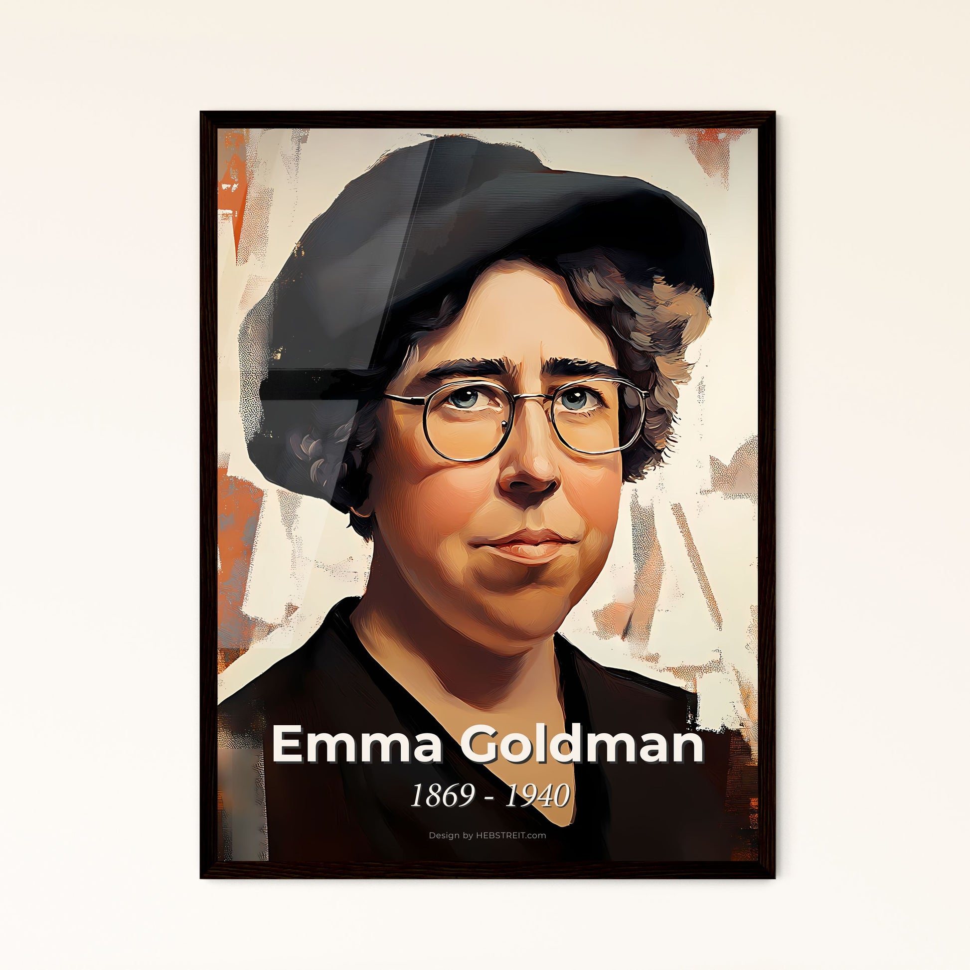 Portrait of Emma Goldman, 1869 - 1940. Impressionistic painting of a woman wearing glasses and a black hat.