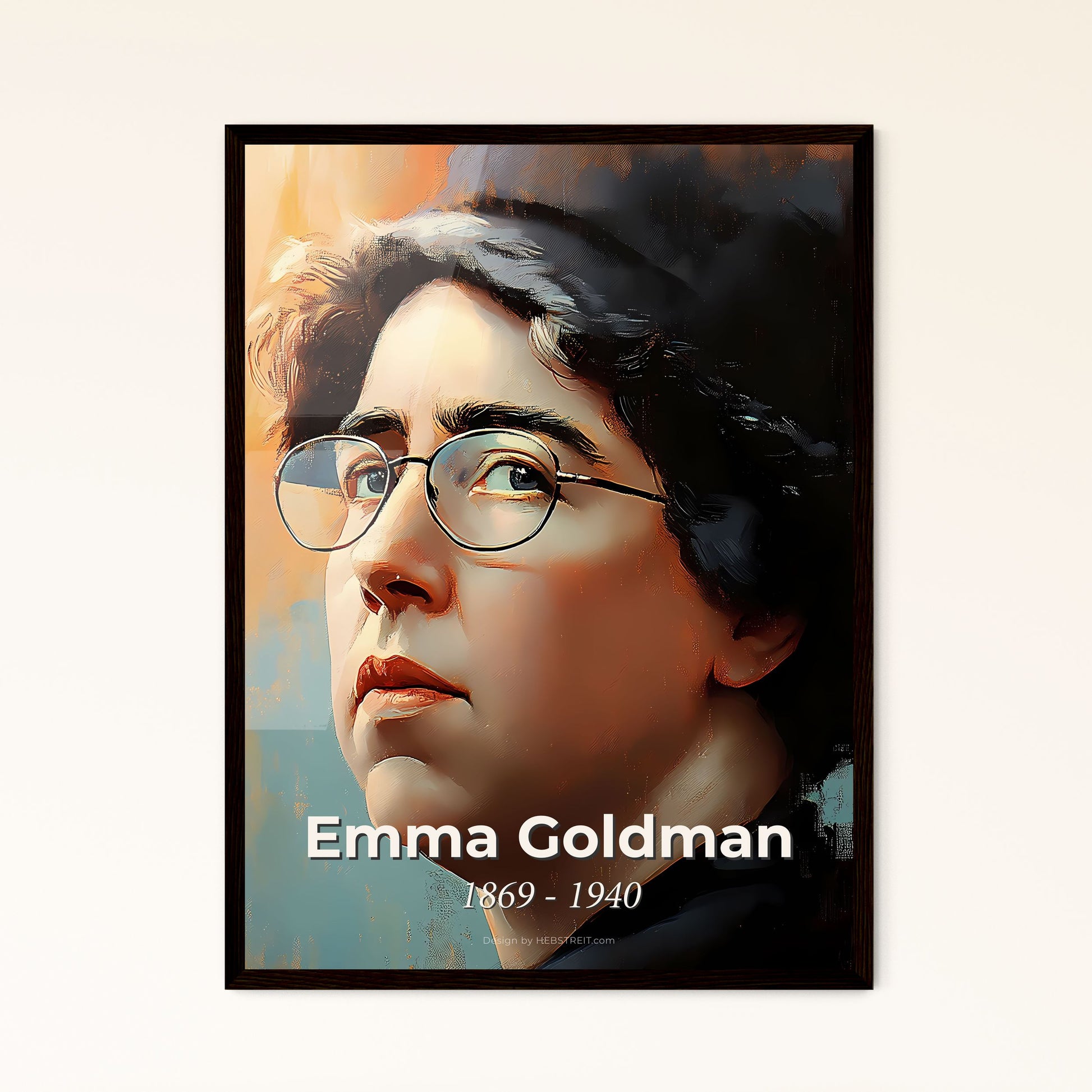 Portrait of Emma Goldman, 1869 - 1940. Impressionistic painting of a woman wearing glasses and a hat.