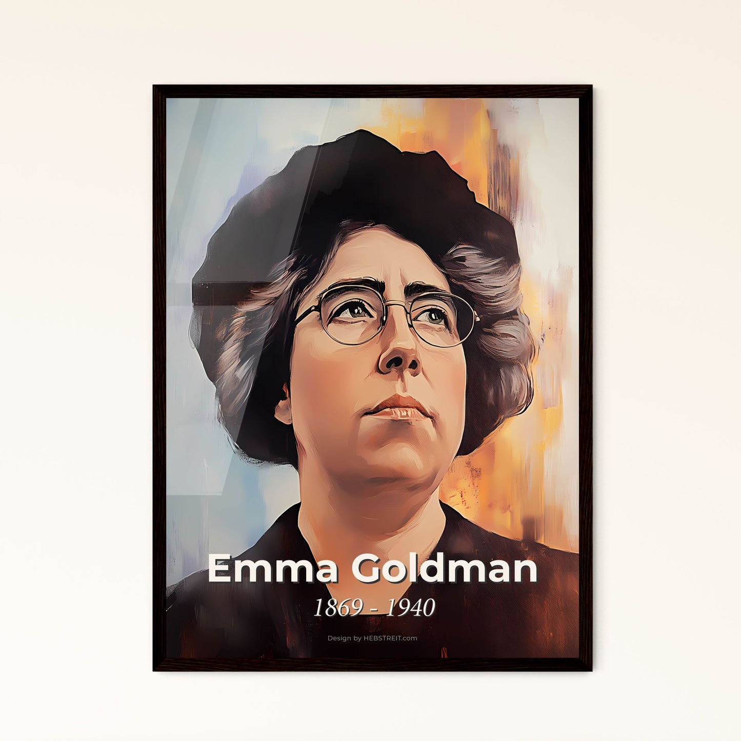 Portrait of Emma Goldman, 1869 - 1940. Impressionistic painting of a woman wearing glasses and a hat.