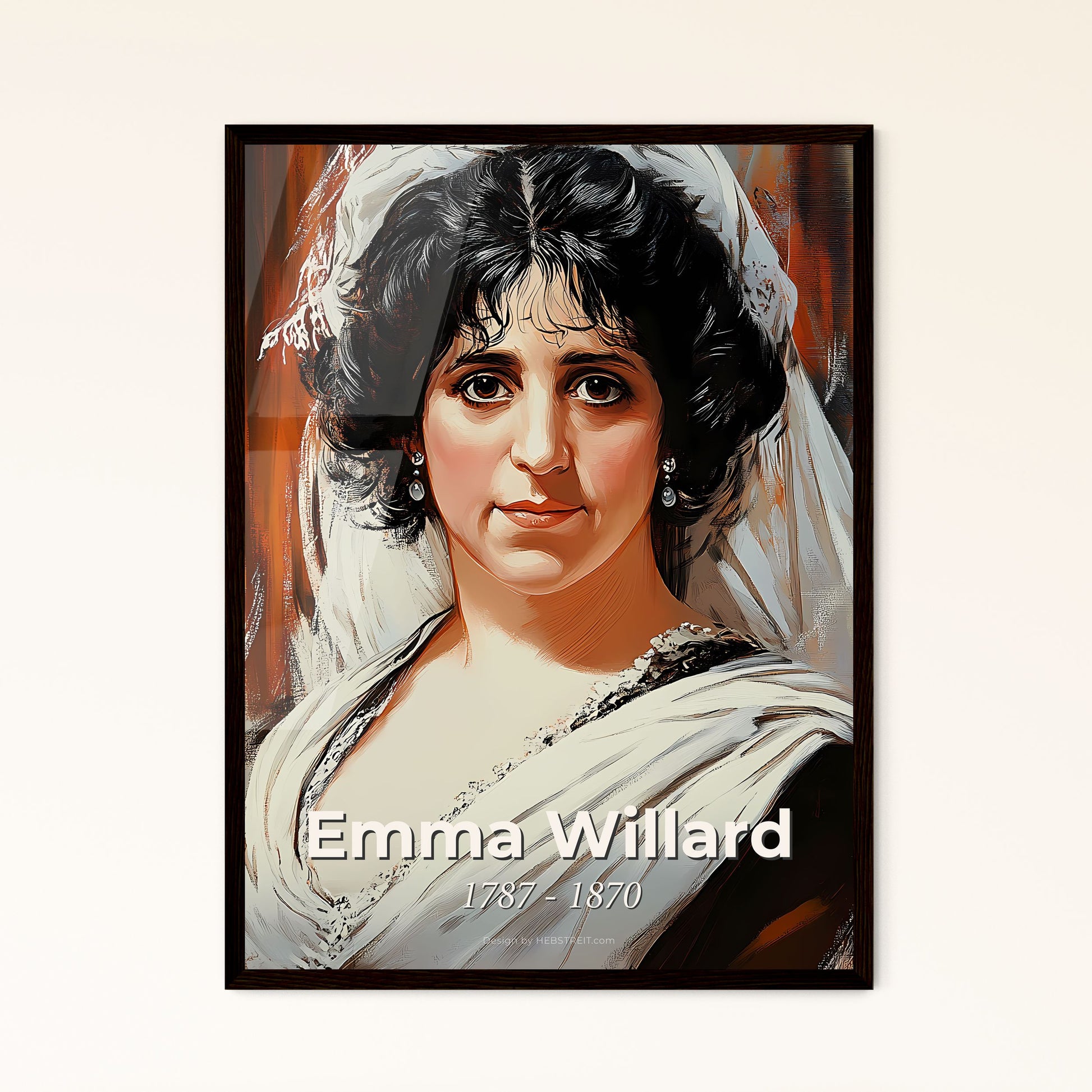 Portrait of Emma Willard, 1787 - 1870. Impressionistic painting of a woman in a veil.