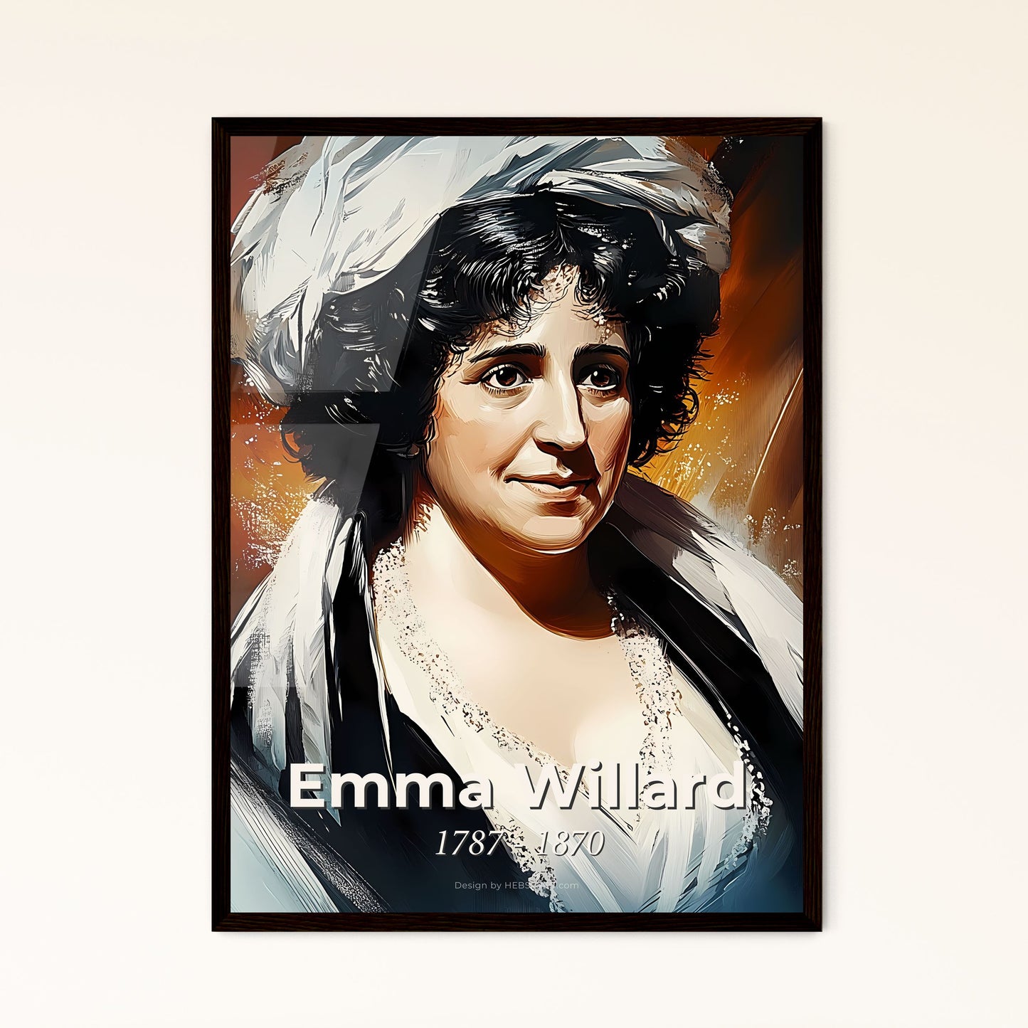 Portrait of Emma Willard, 1787 - 1870. Impressionistic painting of a woman with a large white hat.