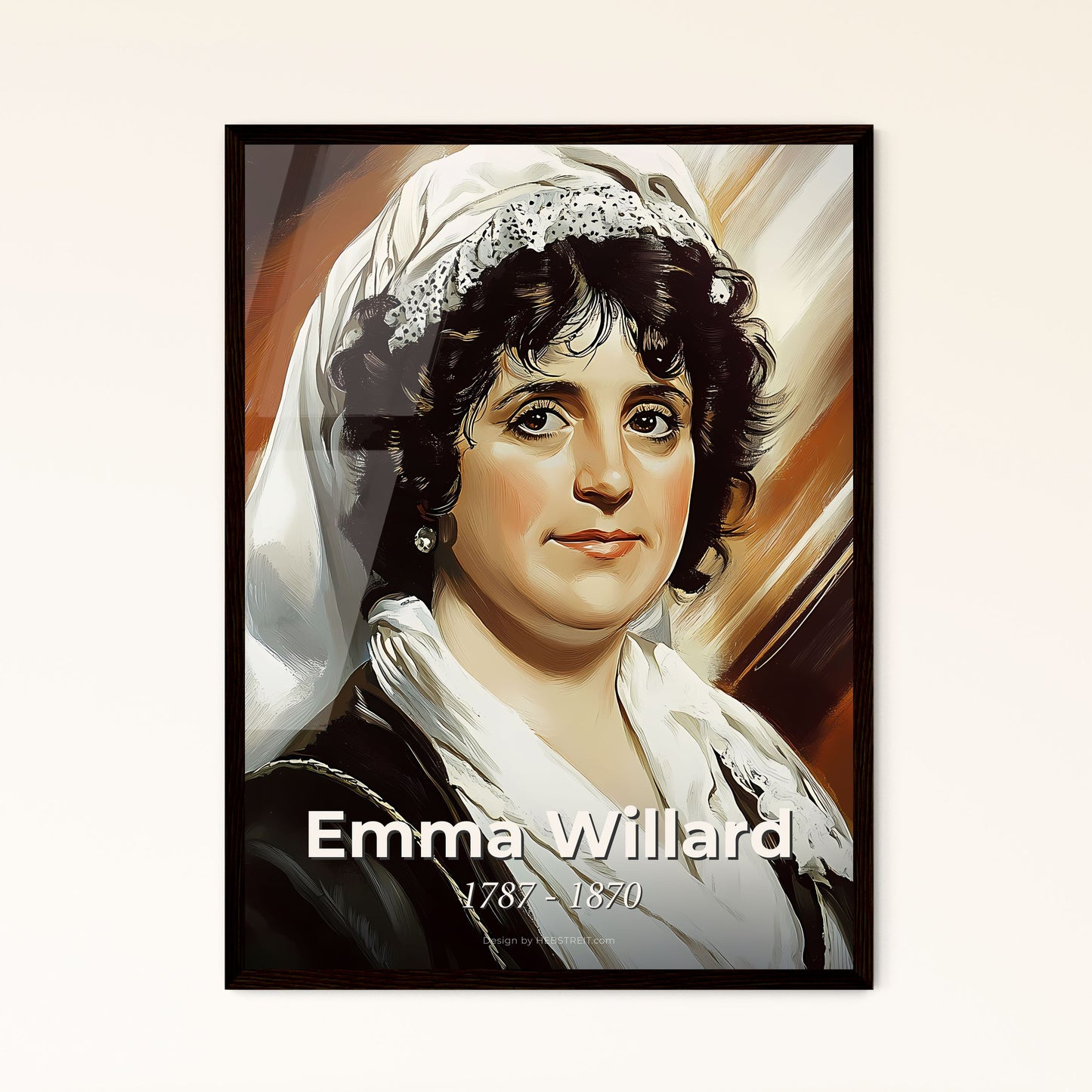 Portrait of Emma Willard, 1787 - 1870. Impressionistic painting of a woman with a white headdress.