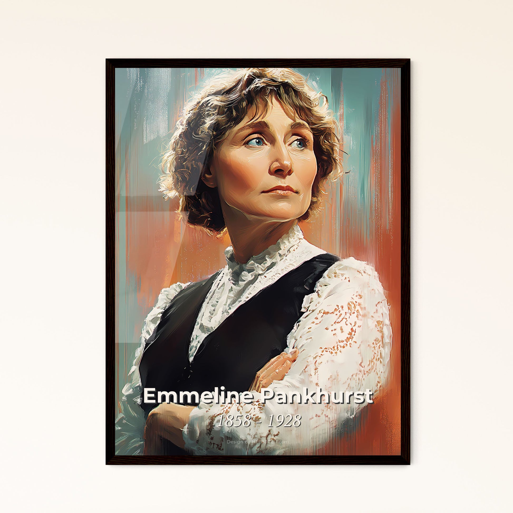 Portrait of Emmeline Pankhurst, 1858 - 1928. Impressionistic painting of a woman looking up with her arms crossed.