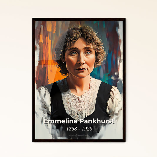 Portrait of Emmeline Pankhurst, 1858 - 1928. Impressionistic painting of a woman with curly hair wearing a black dress.