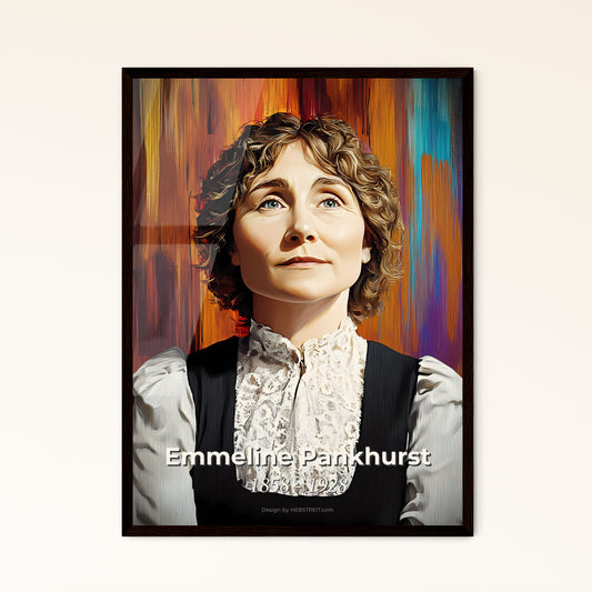 Portrait of Emmeline Pankhurst, 1858 - 1928. Impressionistic painting of a woman in a black vest.