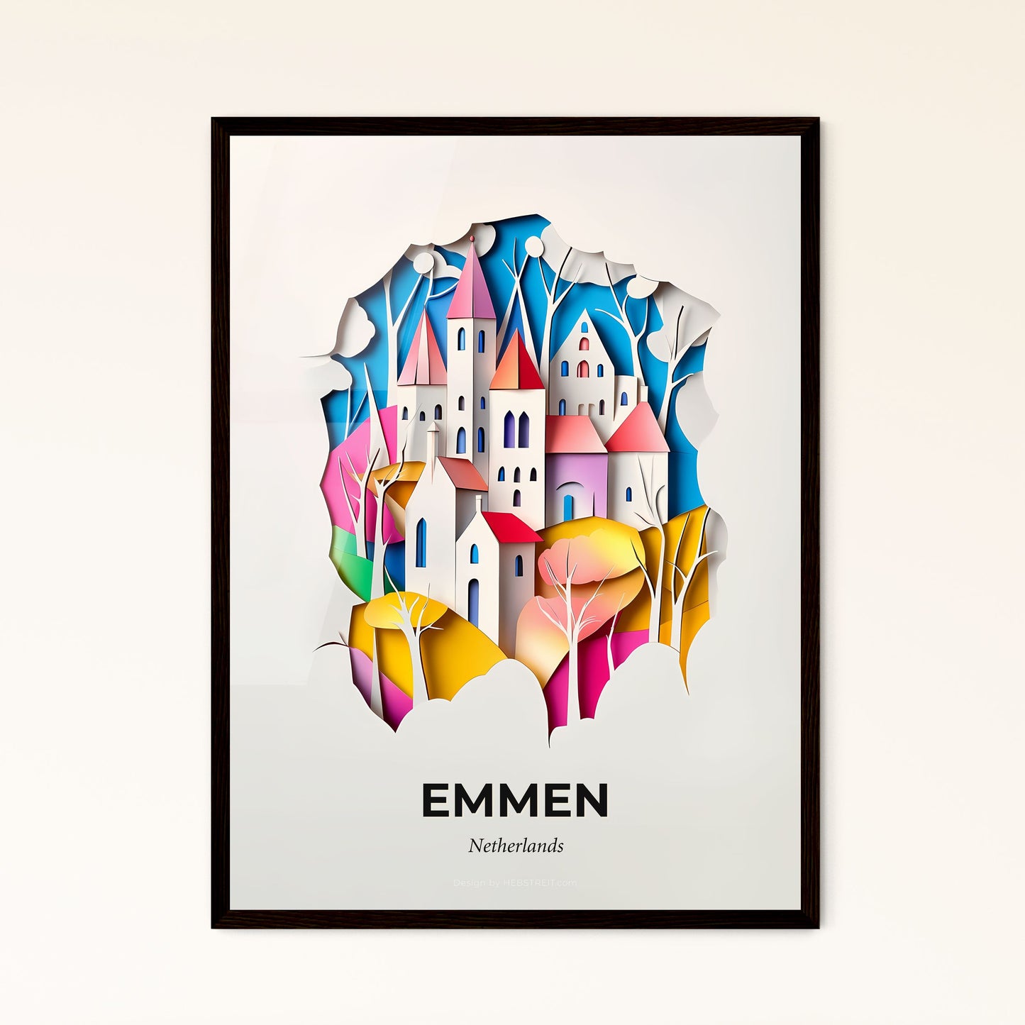 Vivid Emmen, Netherlands - a paper cut of a city with trees and a rainbow colored sky