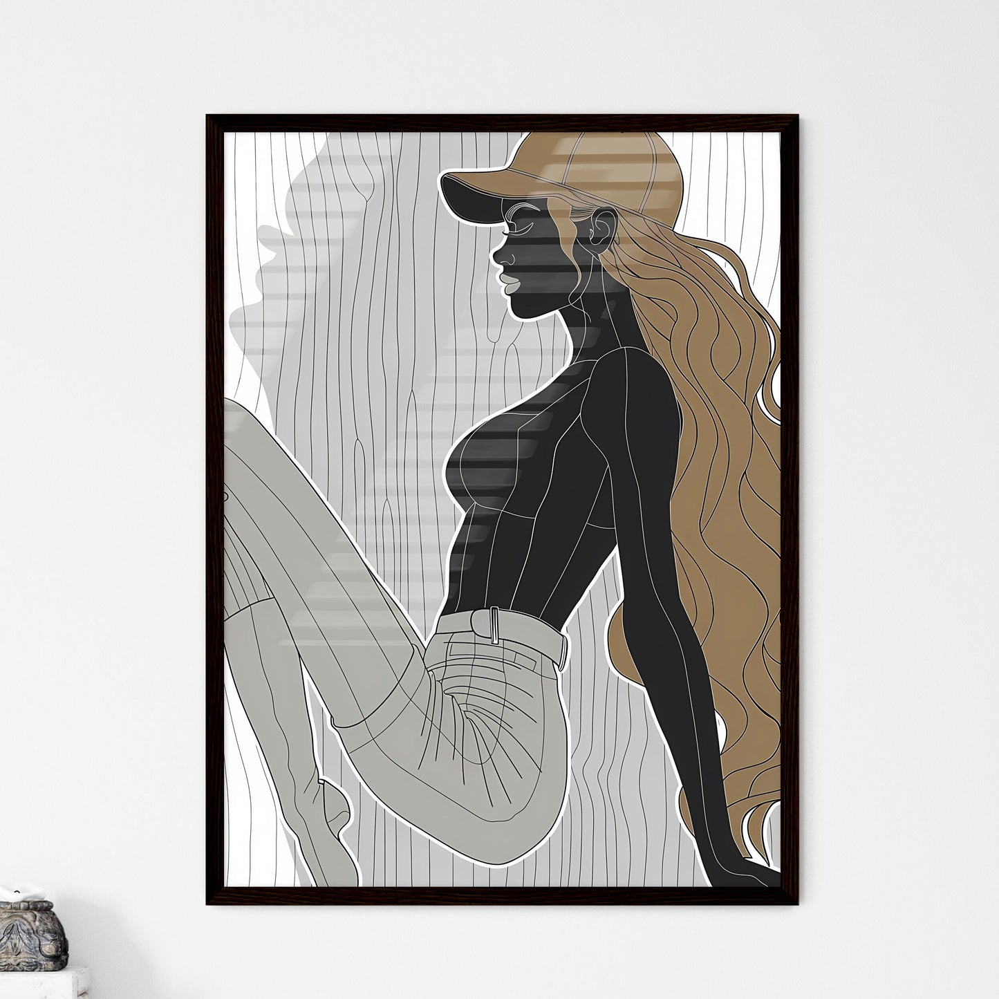 Feminine Line Art Minimalist Painting: Bold Curves, Graceful Pose, Woman in Hat Default Title