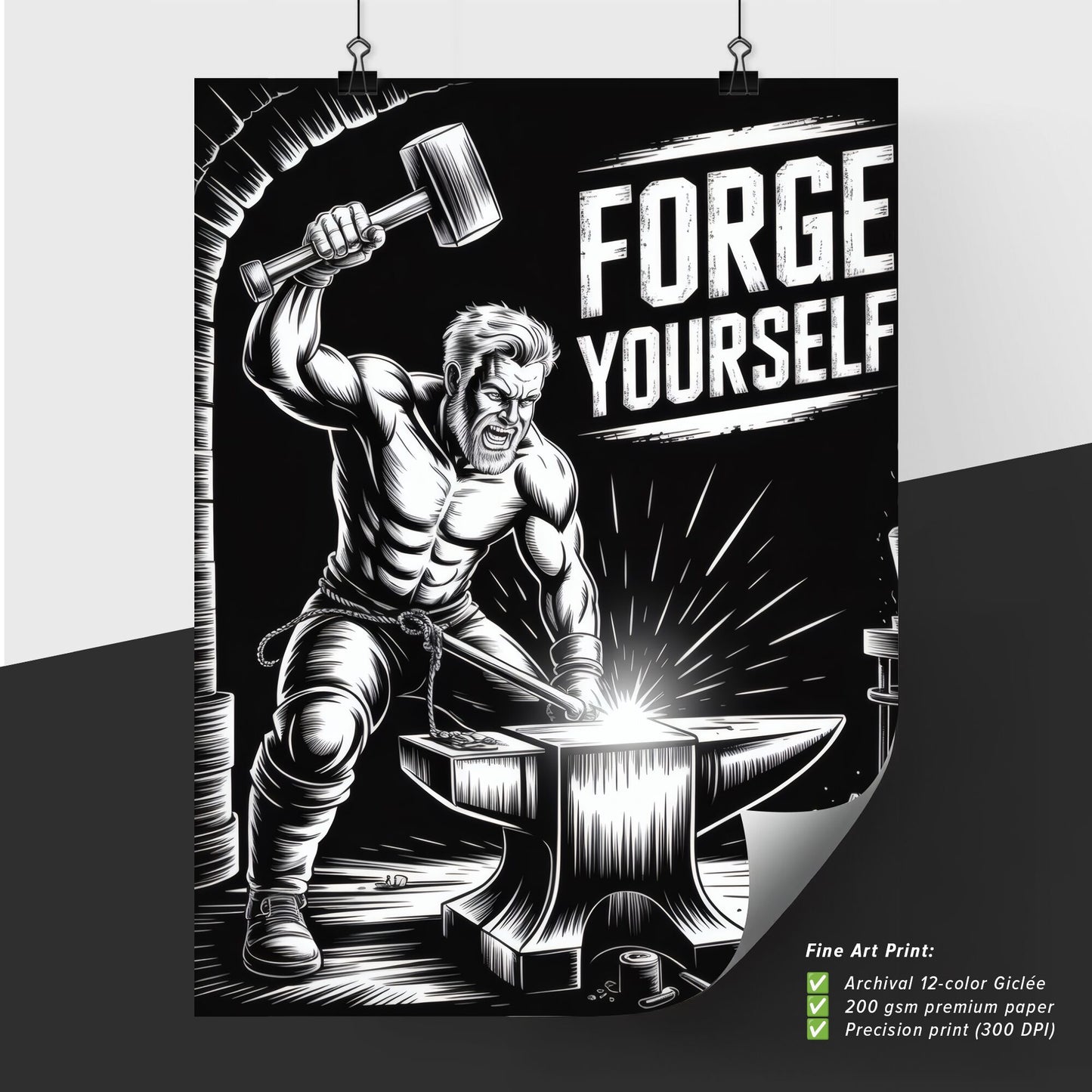 Empower Your Journey: A Strong Blacksmith Forging Resilience and Strength in a Dramatic Workspace