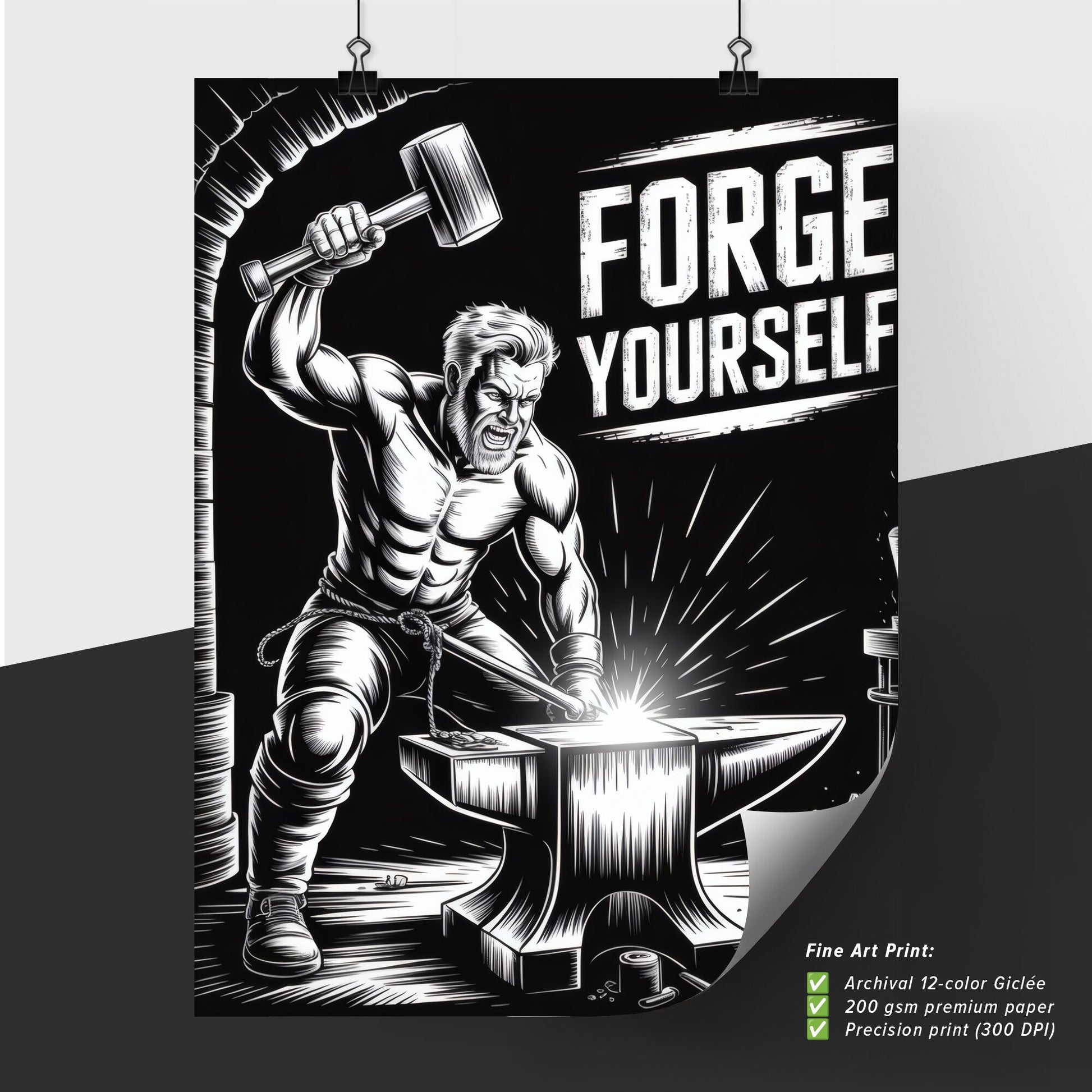 Empower Your Journey: A Strong Blacksmith Forging Resilience and Strength in a Dramatic Workspace