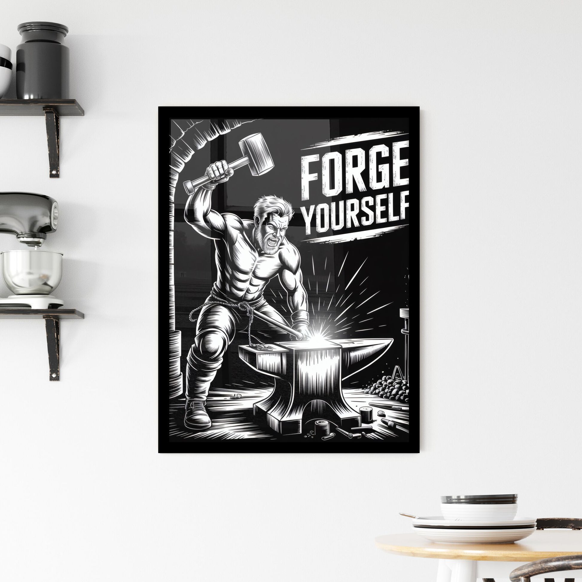 Empower Your Journey: A Strong Blacksmith Forging Resilience and Strength in a Dramatic Workspace Framed Print