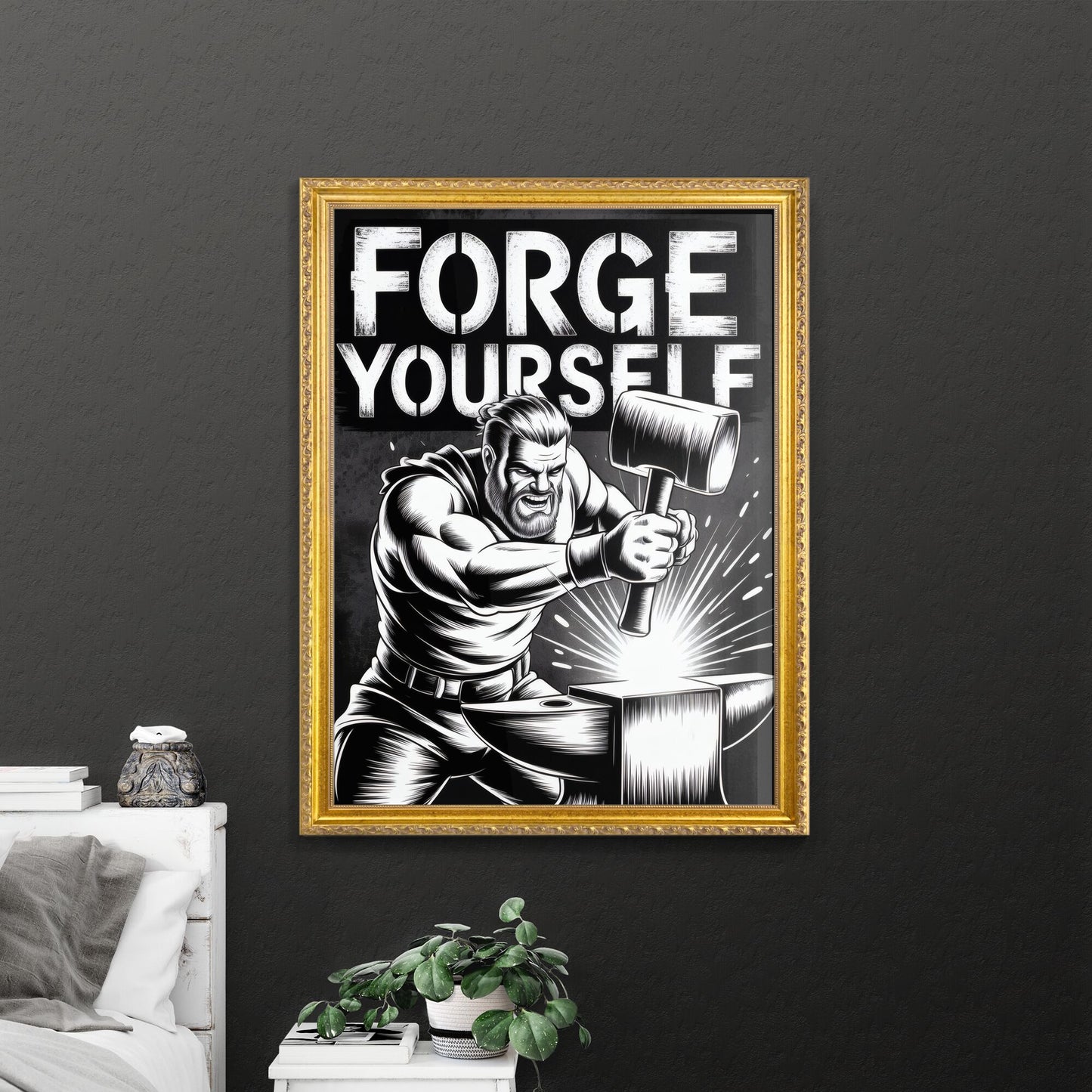 Empower Yourself: Dynamic Illustration of a Blacksmith Forging Strength and Resilience with Inspiring Message.