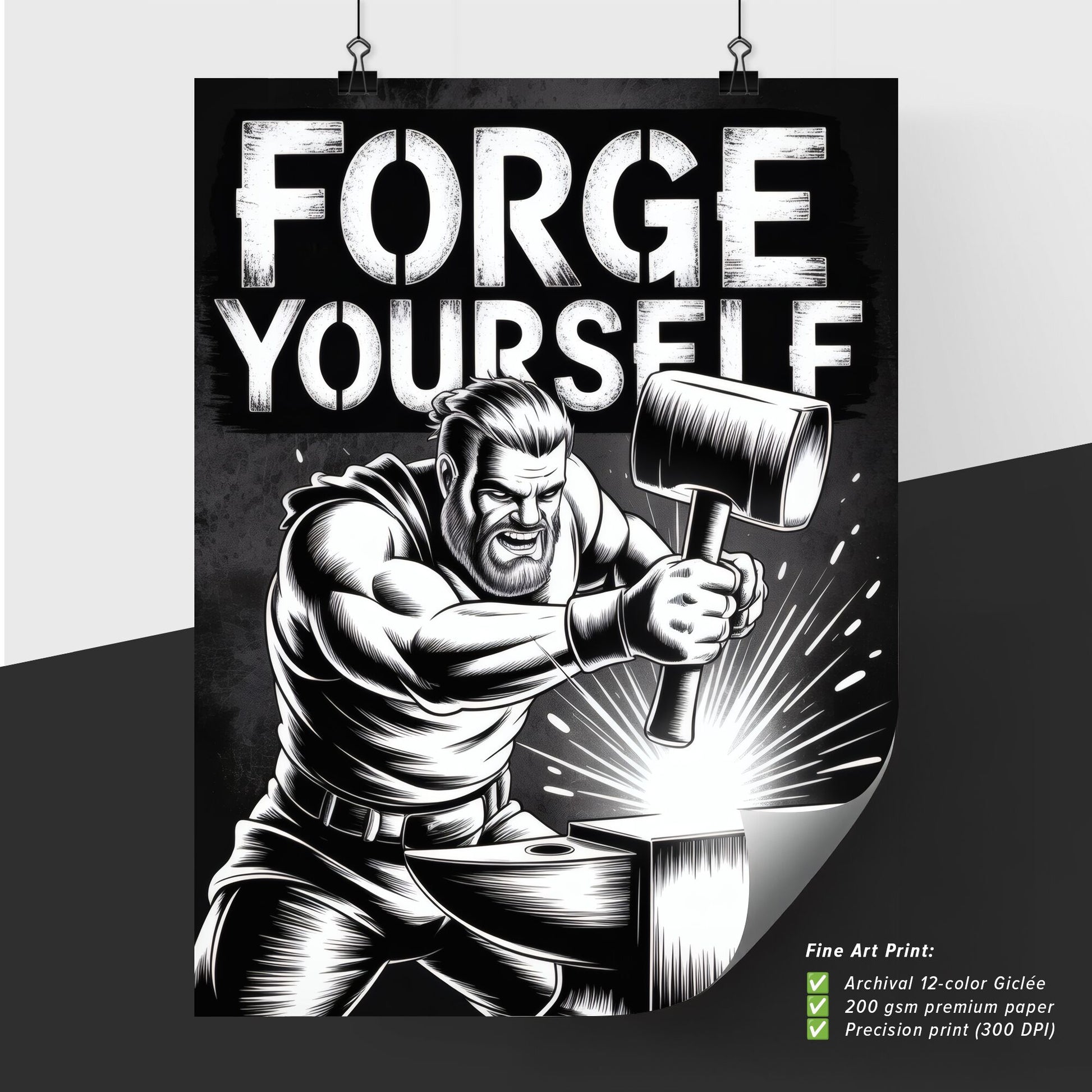 Empower Yourself: Dynamic Illustration of a Blacksmith Forging Strength and Resilience with Inspiring Message.