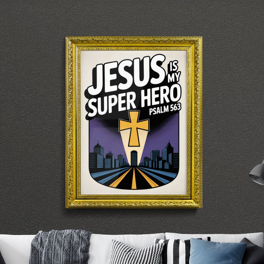 Empowering Christian Graphic: Jesus, My Super Hero with Urban Skyline and Inspirational Message