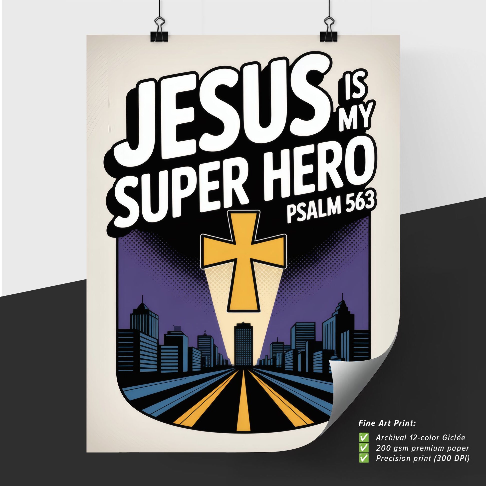 Empowering Christian Graphic: Jesus, My Super Hero with Urban Skyline and Inspirational Message
