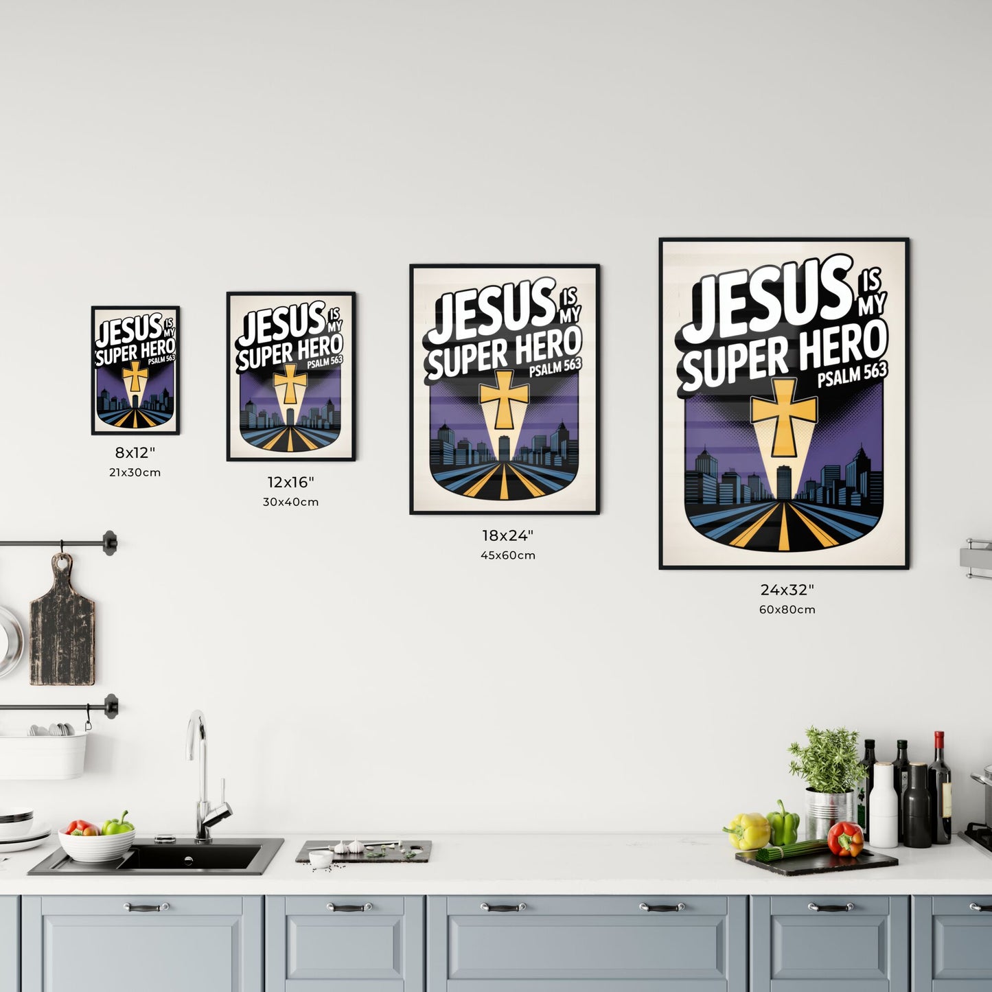 Empowering Christian Graphic: Jesus, My Super Hero with Urban Skyline and Inspirational Message Chart