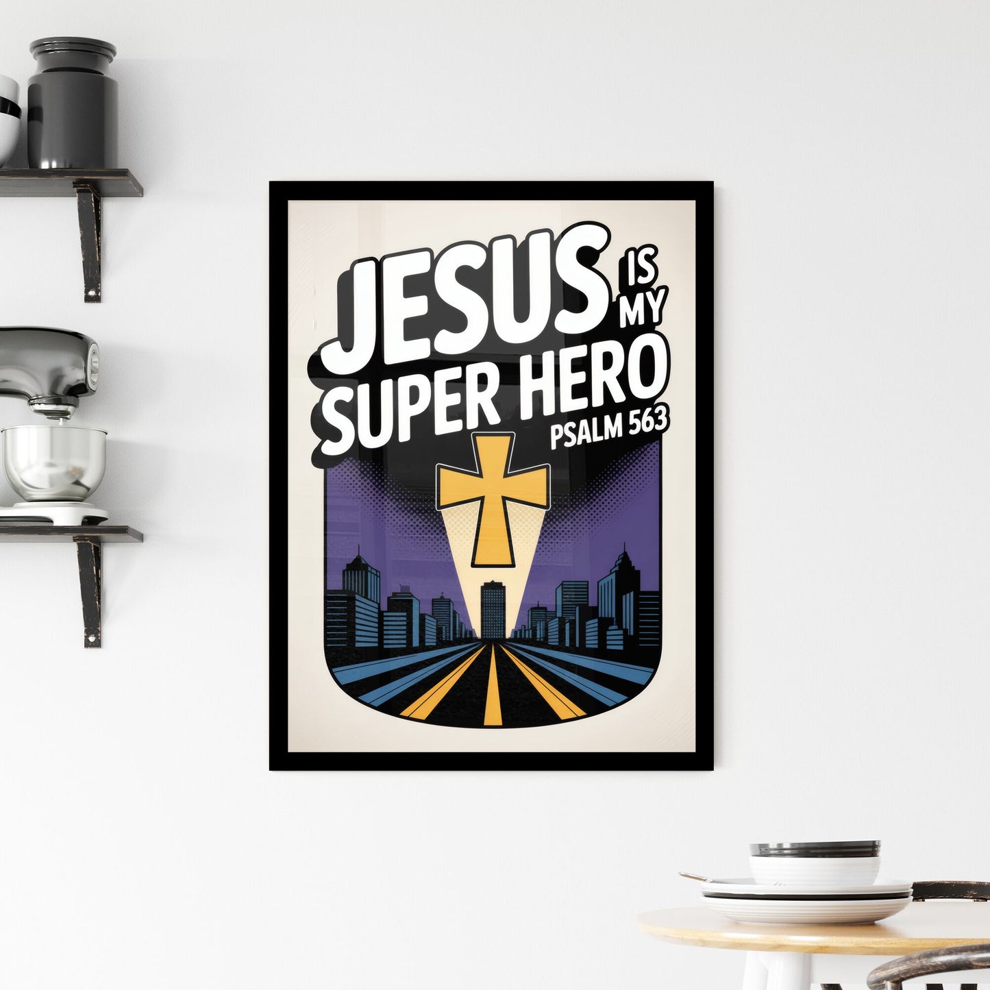Empowering Christian Graphic: Jesus, My Super Hero with Urban Skyline and Inspirational Message Framed Print