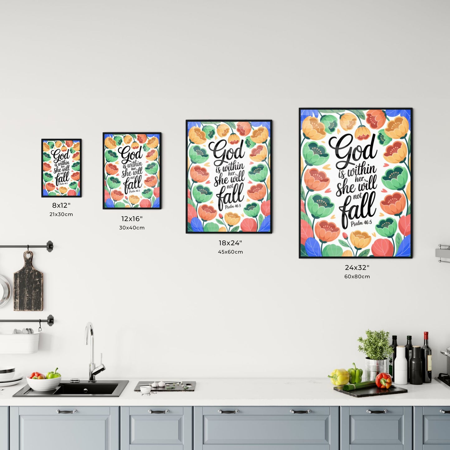 Empowering Floral Art Print Featuring Inspirational Quote: 'God is Within Her, She Will Not Fall' - Psalm 46:5 Chart