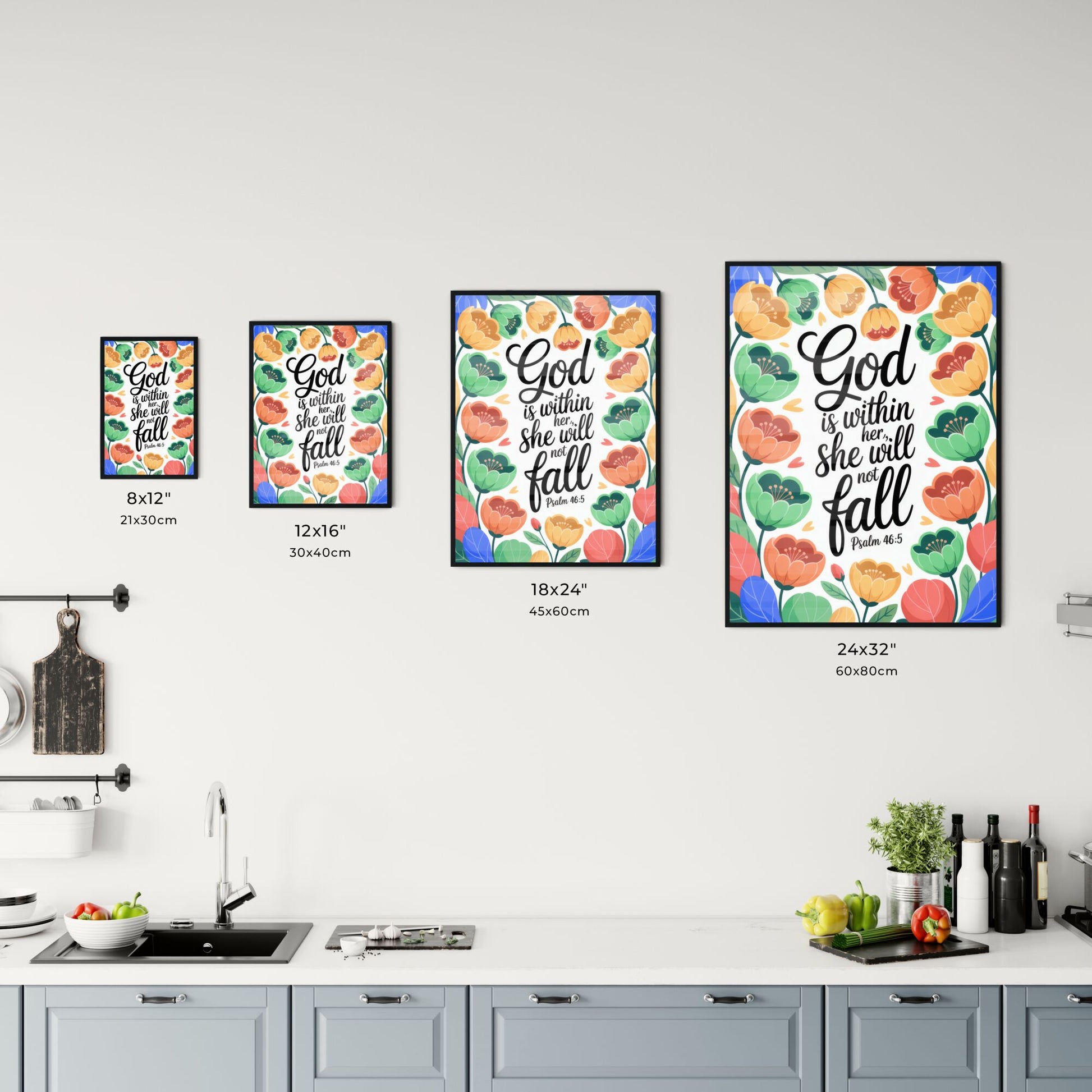 Empowering Floral Art Print Featuring Inspirational Quote: 'God is Within Her, She Will Not Fall' - Psalm 46:5 Chart