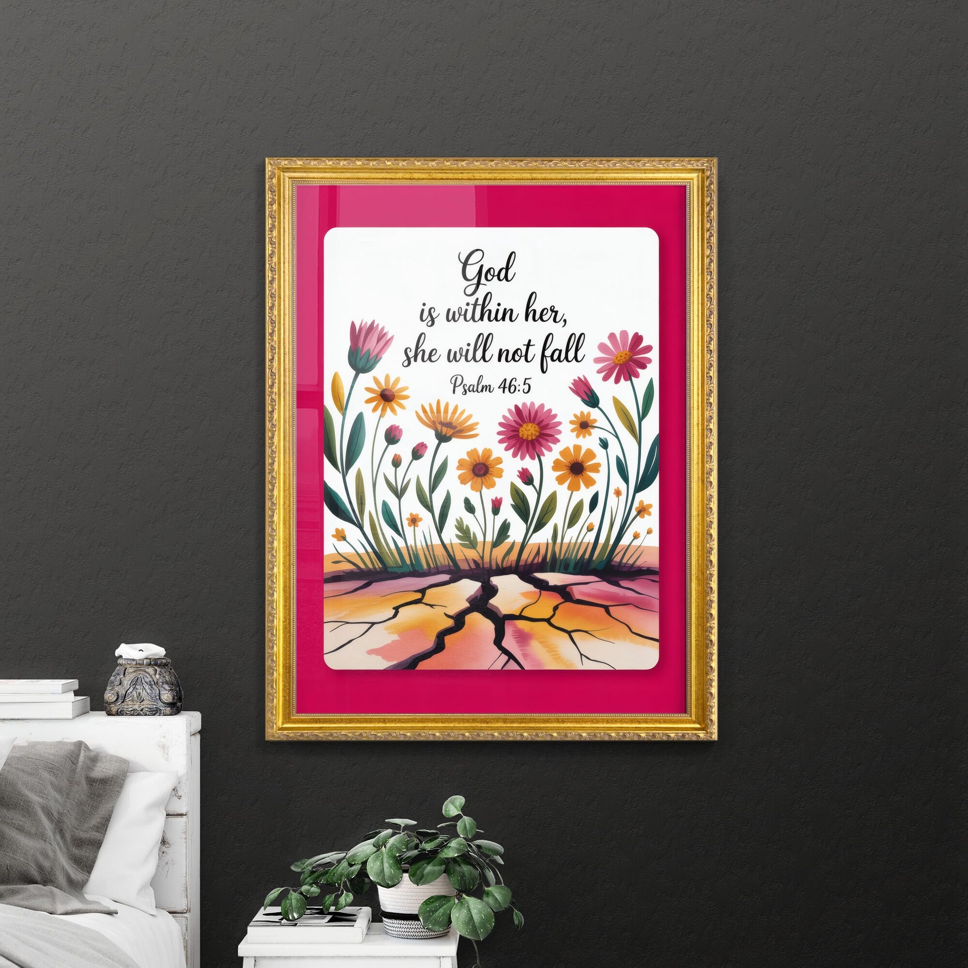 Empowering Floral Design Featuring Inspiring Quote from Psalm 46:5 on Vibrant Background.