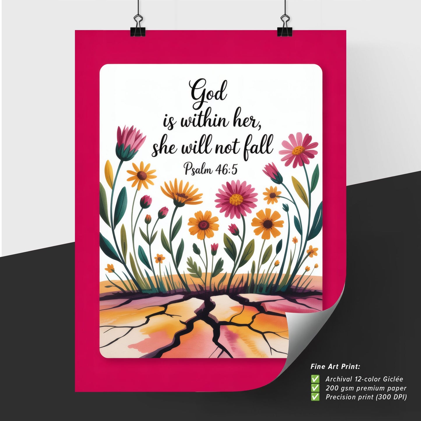 Empowering Floral Design Featuring Inspiring Quote from Psalm 46:5 on Vibrant Background.