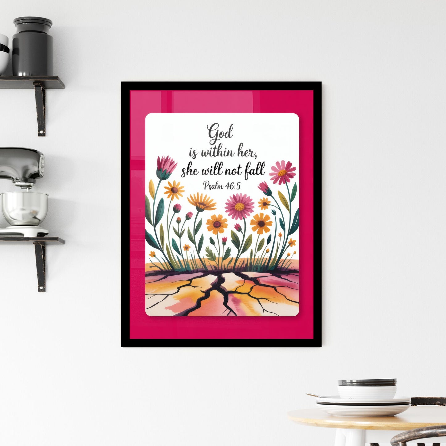 Empowering Floral Design Featuring Inspiring Quote from Psalm 46:5 on Vibrant Background. Framed Print