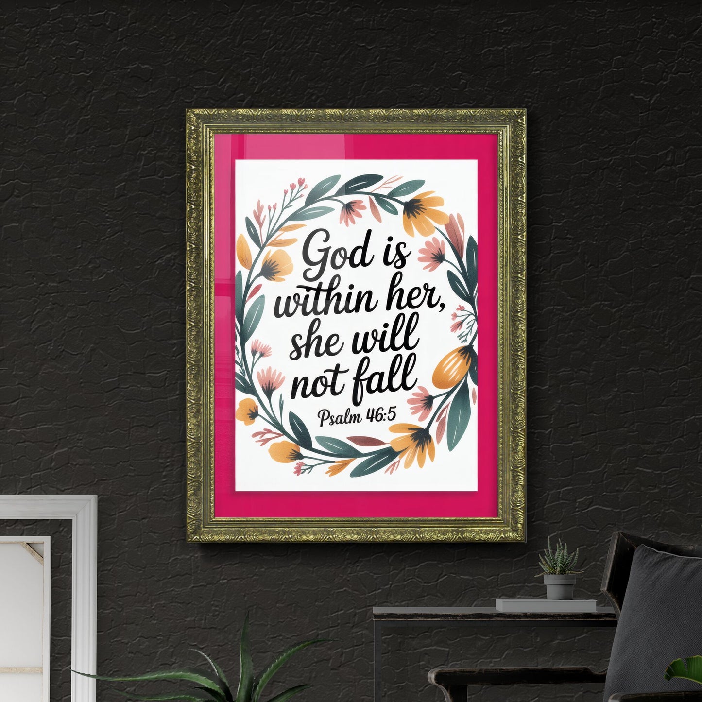 Empowering Floral Print with Inspirational Quote from Psalm 46:5—A Symbol of Strength and Resilience.