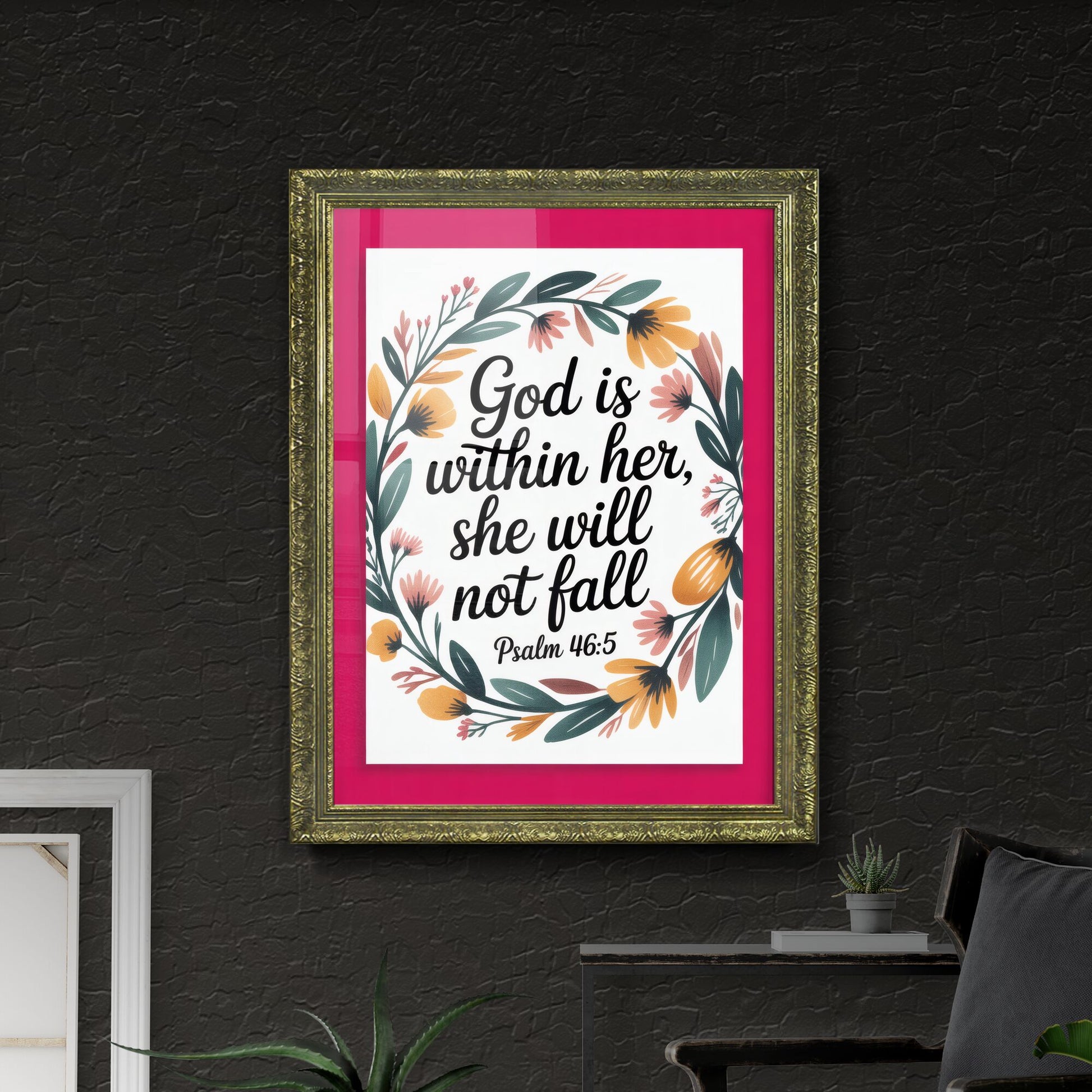 Empowering Floral Print with Inspirational Quote from Psalm 46:5—A Symbol of Strength and Resilience.