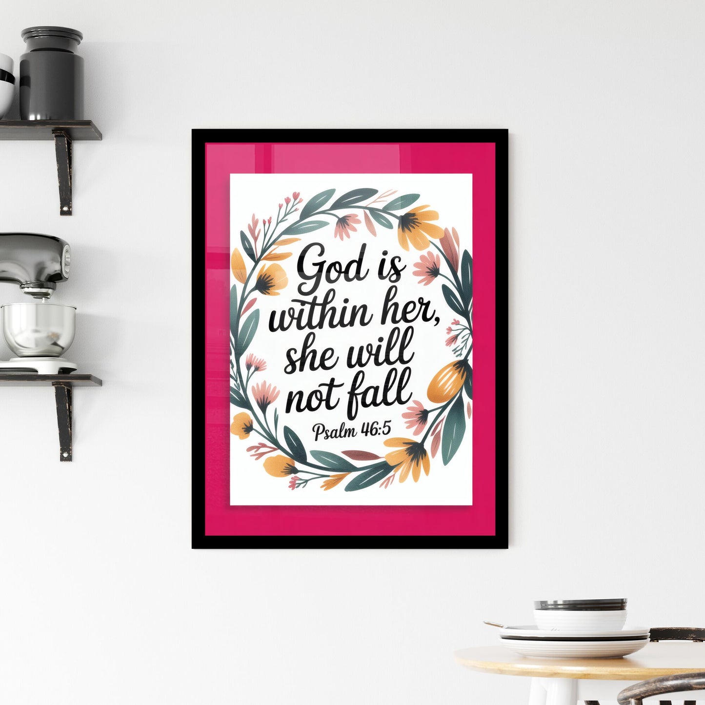 Empowering Floral Print with Inspirational Quote from Psalm 46:5—A Symbol of Strength and Resilience. Framed Print