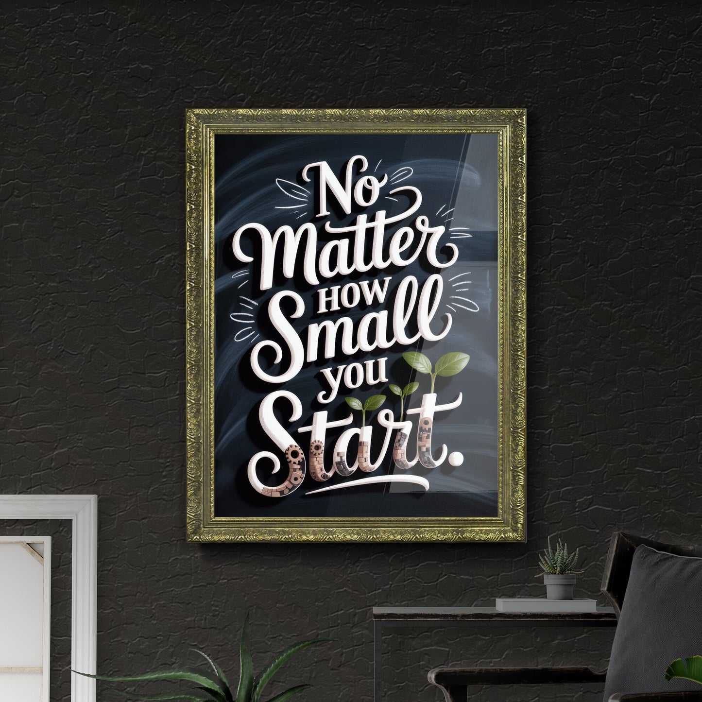 Empowering Quote on Growth: No Matter How Small You Start, Inspirational Design with Greenery Elements.