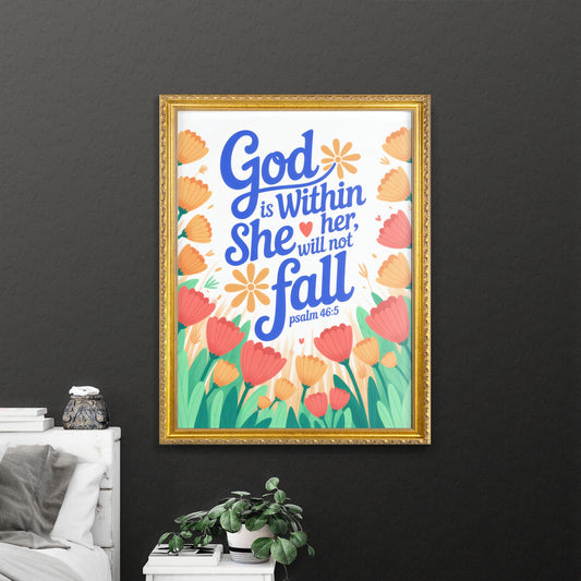 Empowering Inspirational Quote Surrounded by Colorful Flowers, Featuring Psalm 46:5 with Elegant Typography.