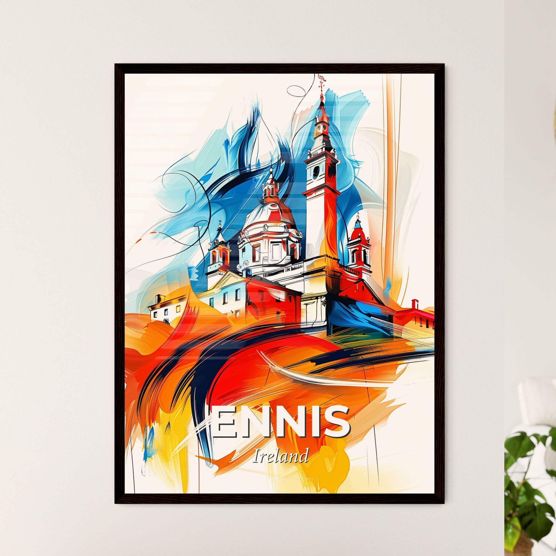 Vibrant Ennis, Ireland - A Painting Of A Building With Towers And A Colorful Background